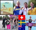 Kadın triatlon podyum, Nicola Spirig (İsviçre), Lisa Norden (İsveç) ve Erin Densham (Avustralya), Londra 2012